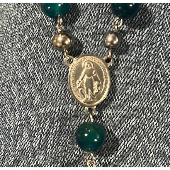 Blue Chalcedony Stone Miraculous Medal Rosary 3D Crucifix Catholic Silver Bead - Picture 8 of 8